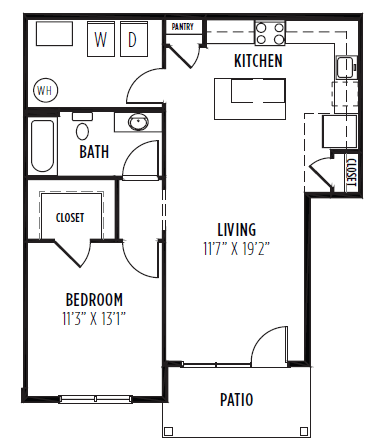 Floor plan for 1 bed, 1 bath, 901 sqft